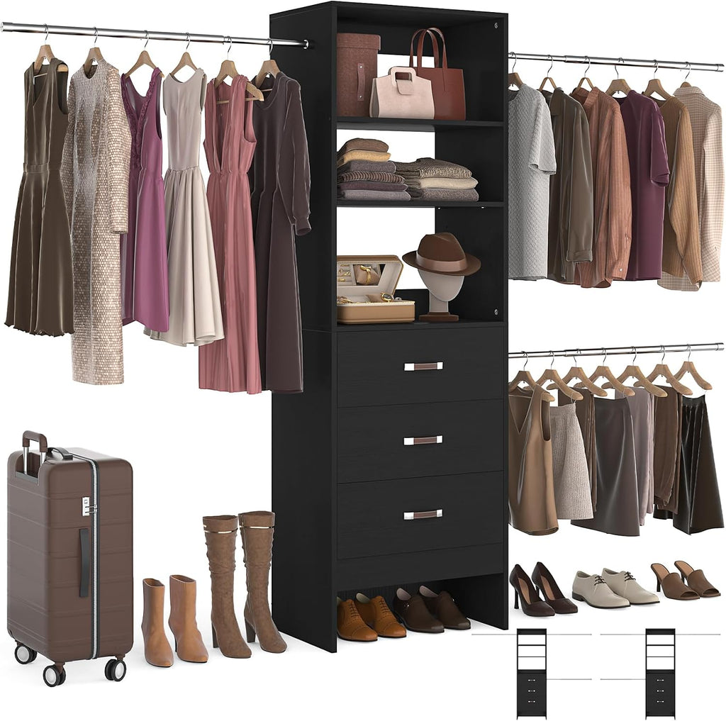 Homieasy 96 Inches Closet Organizer System, 8FT Customizable Walk In Closet Organizer with Hanging Rods, 3 Drawers Garment Rack with Leather Handle , 96' L x 16' W x 75' H, Max Load 1000 LBS, Black