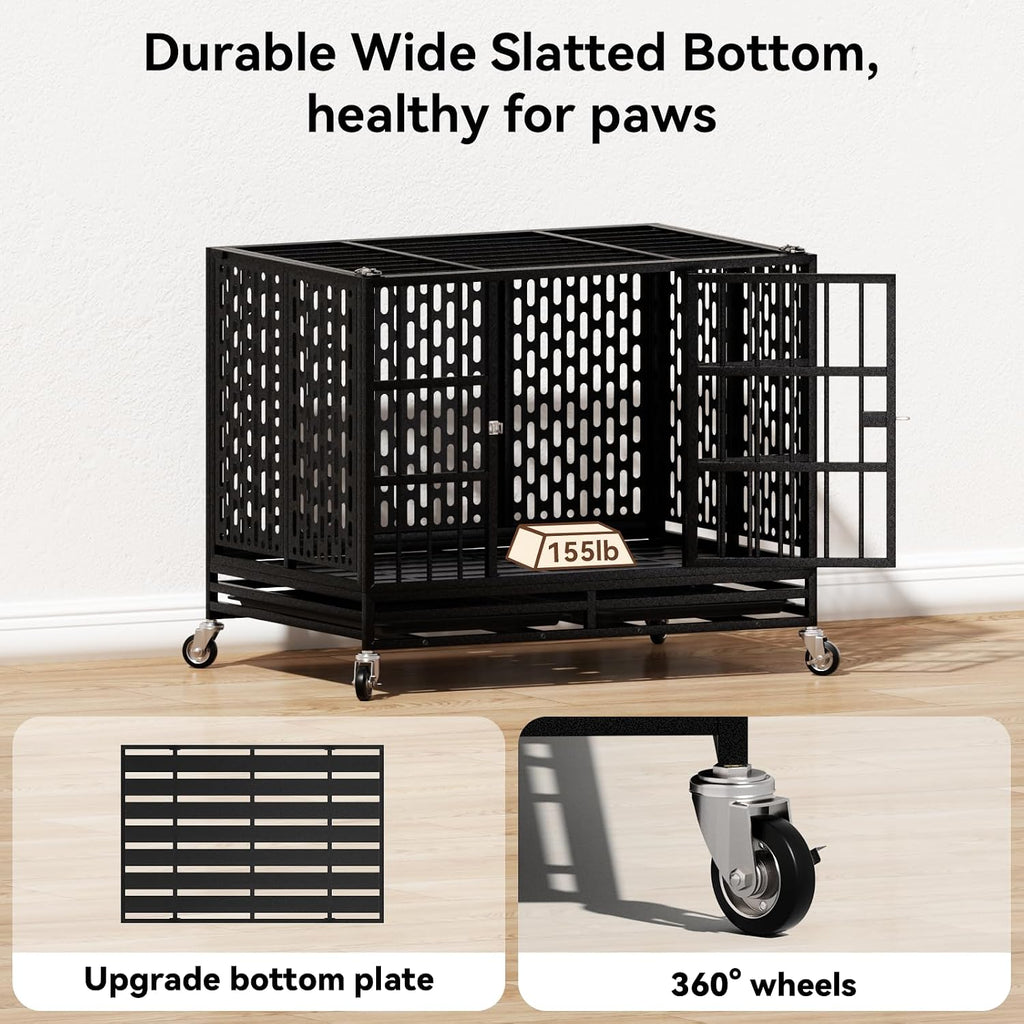 42 Inch Heavy Duty Dog Crate with Wheels,Indestructible Escape-Proof Dog Kennel with Locking Latch and Double Door,Extra Large XL XXL Crate Indoor for Large and Medium Dog with Removable Tray