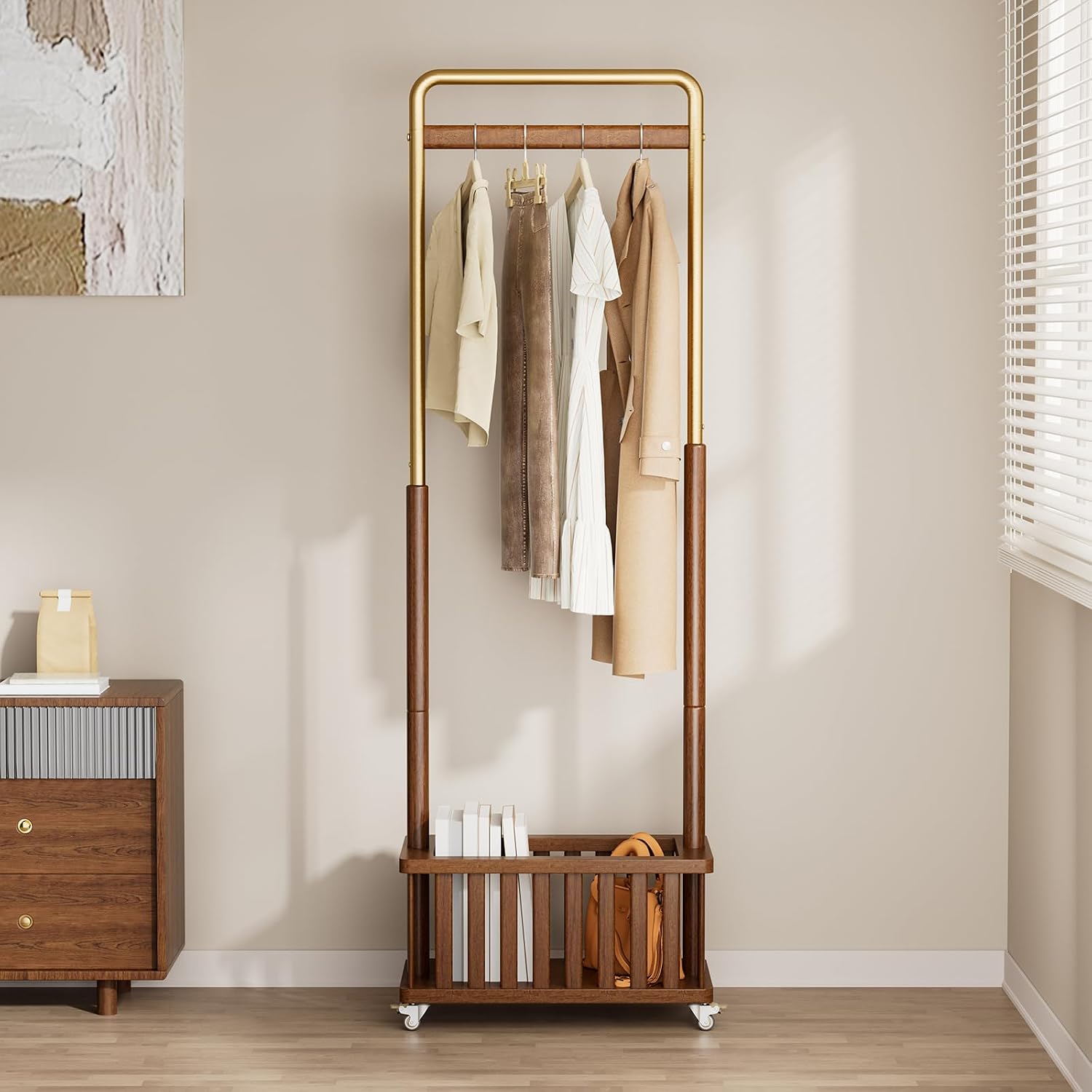 Taitiy Clothes Rack Solid Wood Coat Rack, Metal and Solid Wood Combination Clothing Rack with Wheels for Entryway, Bedroom, Living Room, Coat Racks Freestanding for Hanging Clothes Garment Scarf