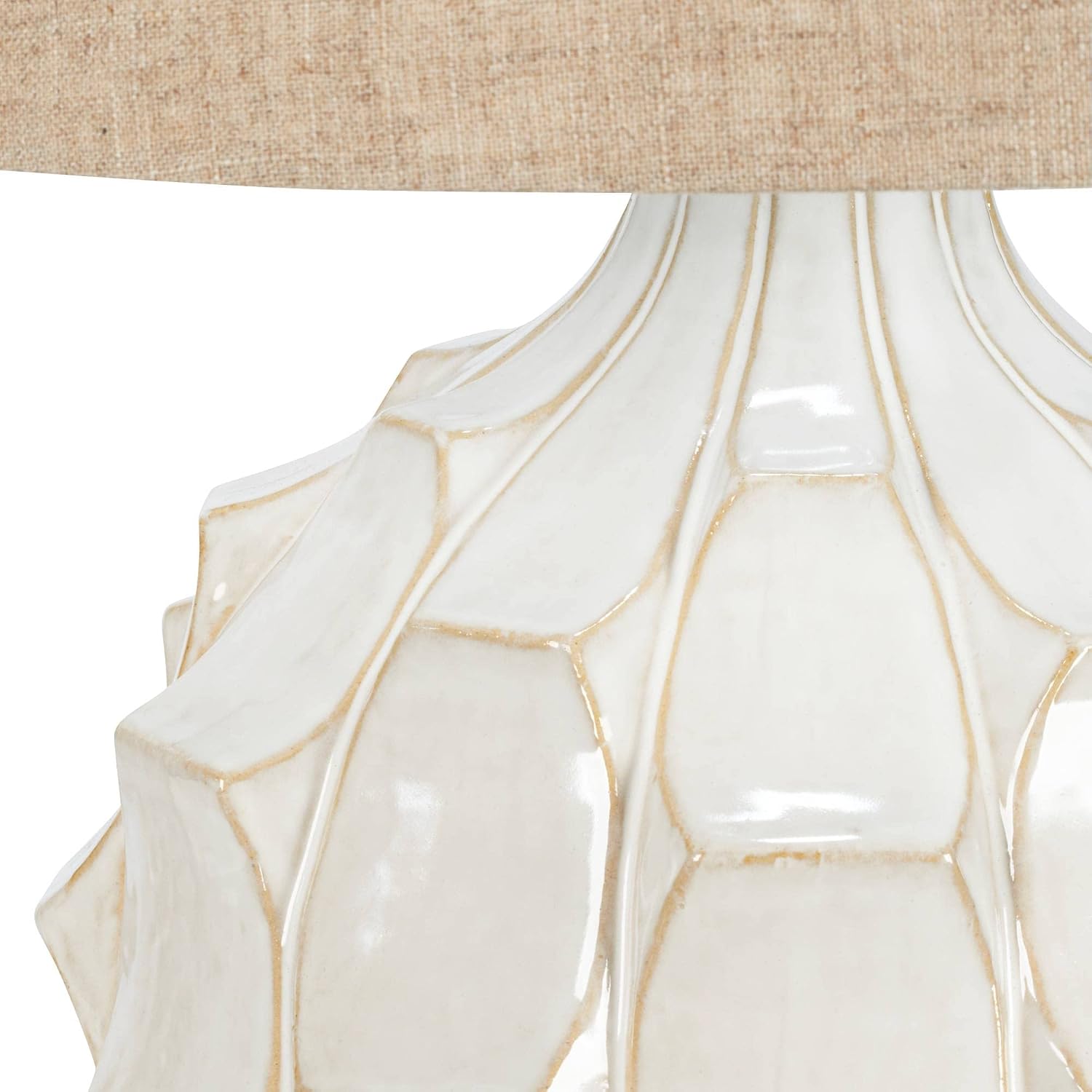 Possini Euro Design Cosgrove Country Cottage Table Lamps 26 1/2' Tall Set of 2 White Glazed Textured Ceramic Brown Linen Drum Shade for Bedroom Family Room Bedside Nightstand House Home Office