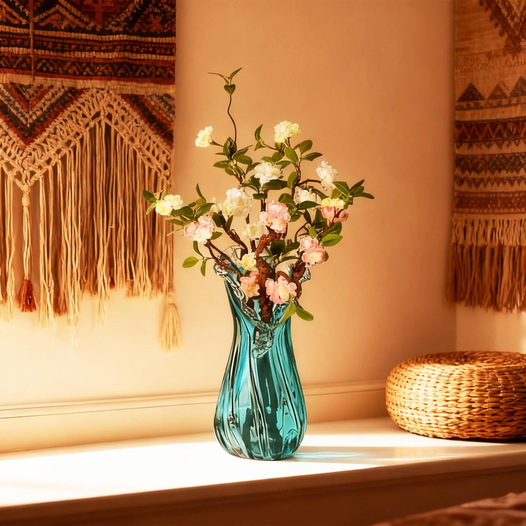 Vases Home Decor - 16In Crystal Vase, Glass Blue Vase, Flower Holders for Bouquet, Centerpieces & Single Stems, Tall for Roses, Dried Flowers, Pampas Grass, Fits Living Room Bedroom Office (L)