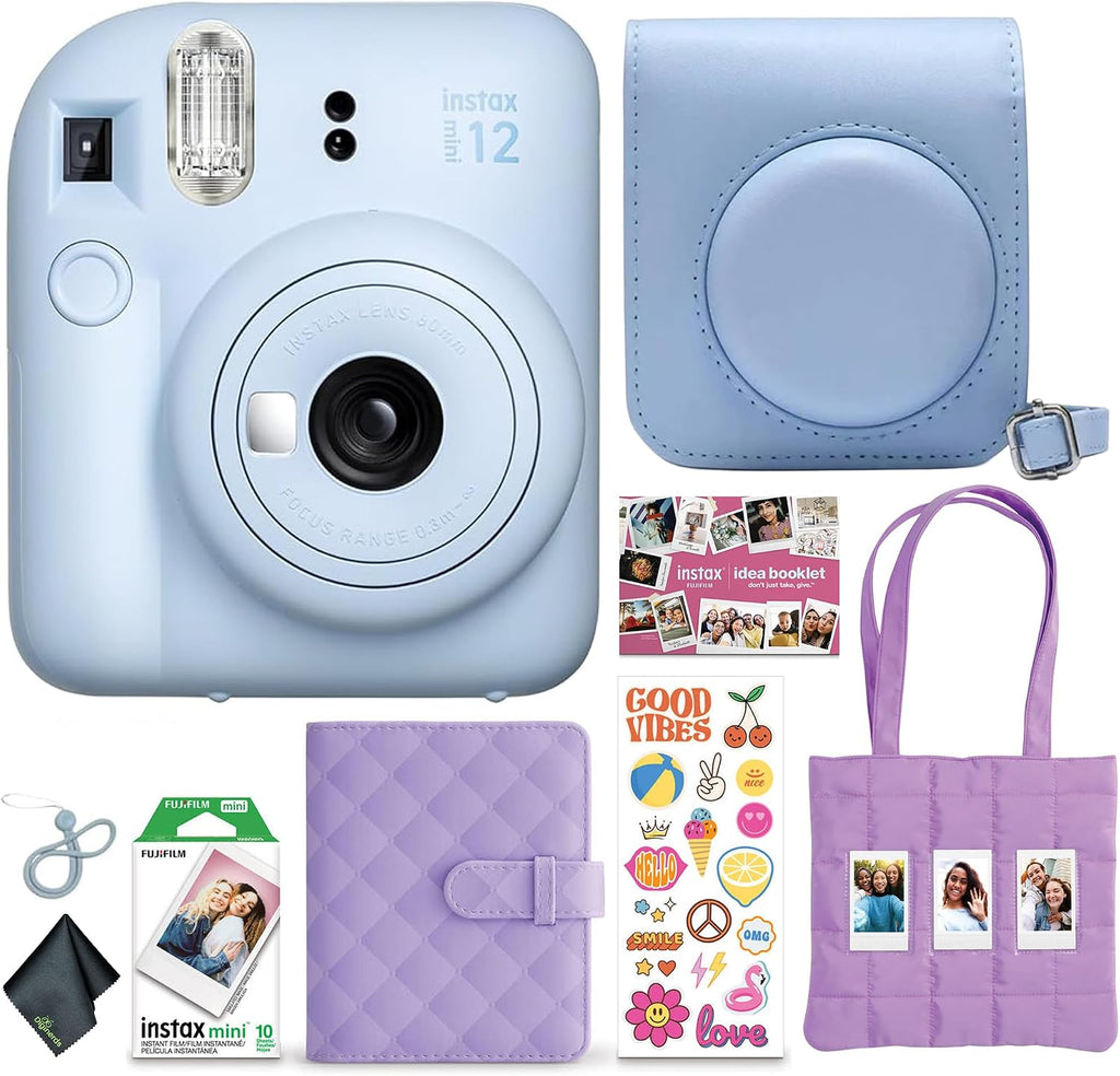 FUJIFILM Instax Mini 12 Instant Film Camera 2025 Holiday Bundle (Blue) + Compatible Carrying Case + Microfiber Cleaning Cloth