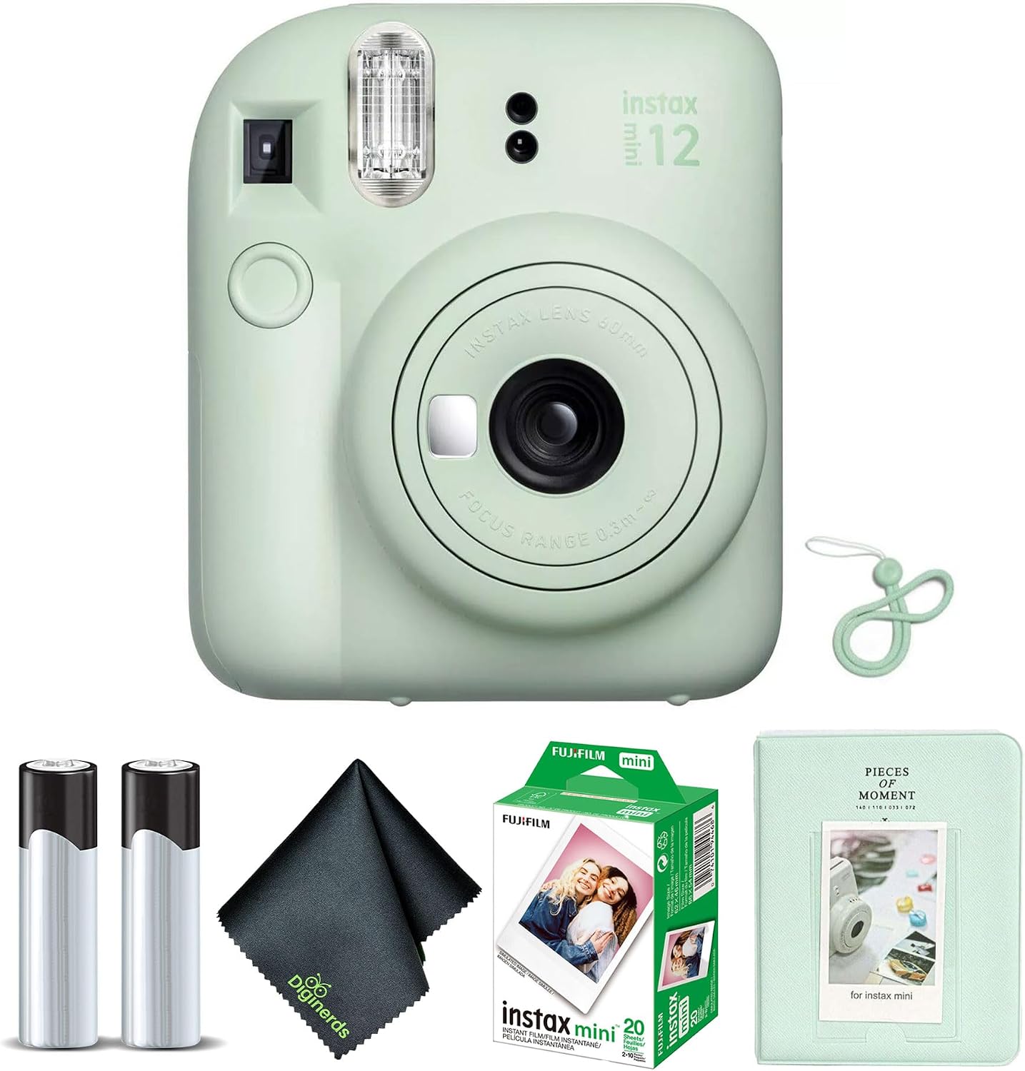 Fujifilm Instax Mini 12 Instant Camera Pastel Mint Green with Fuji Instax Mini Film Value Pack (20 Sheets) + Photo Album + Microfiber Cleaning Cloth