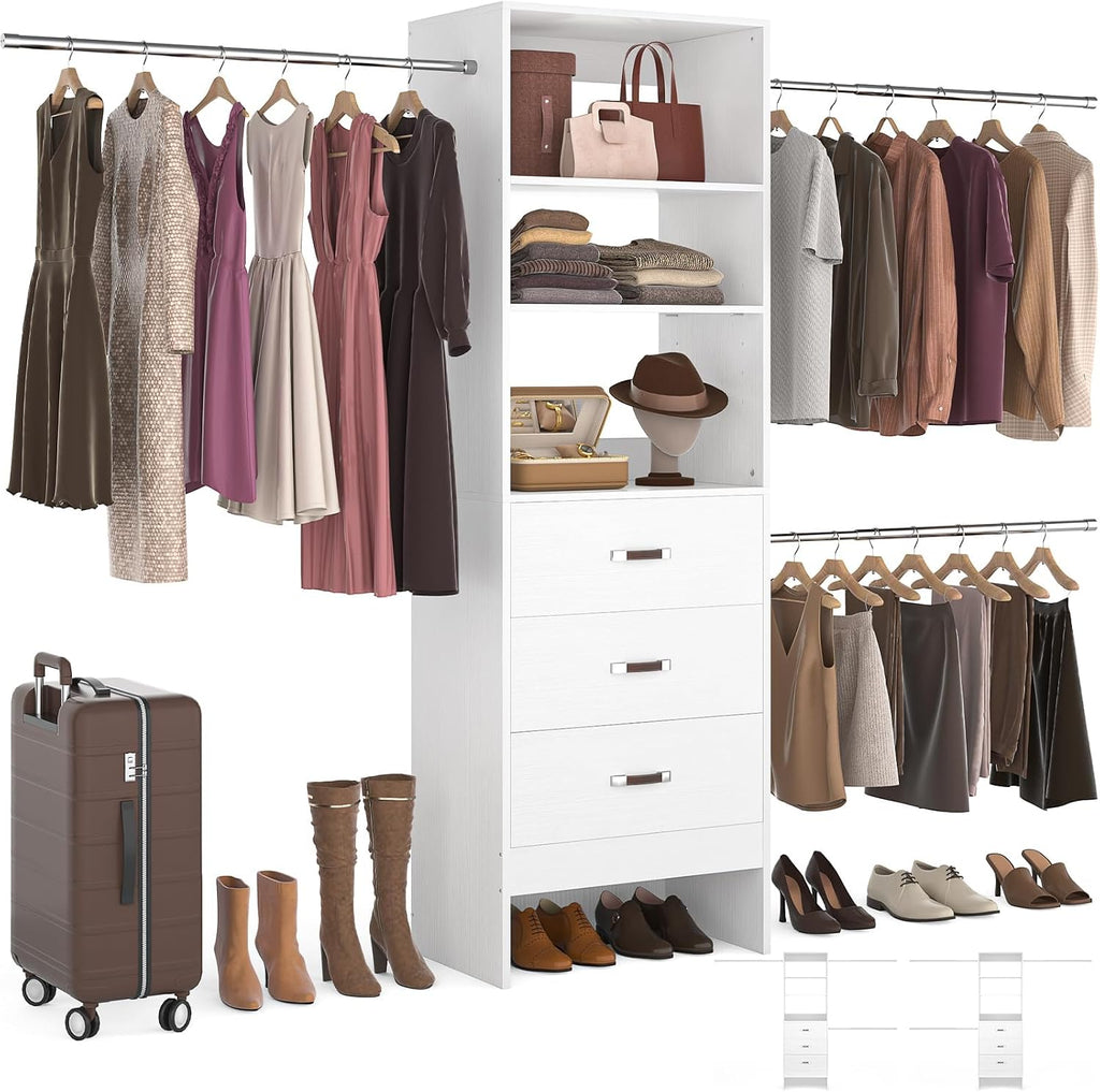 Homieasy 96 Inches Closet Organizer System, 8FT Customizable Walk In Closet Organizer with Hanging Rods, 3 Drawers Garment Rack with Leather Handle , 96' L x 16' W x 75' H, Max Load 1000 LBS, White