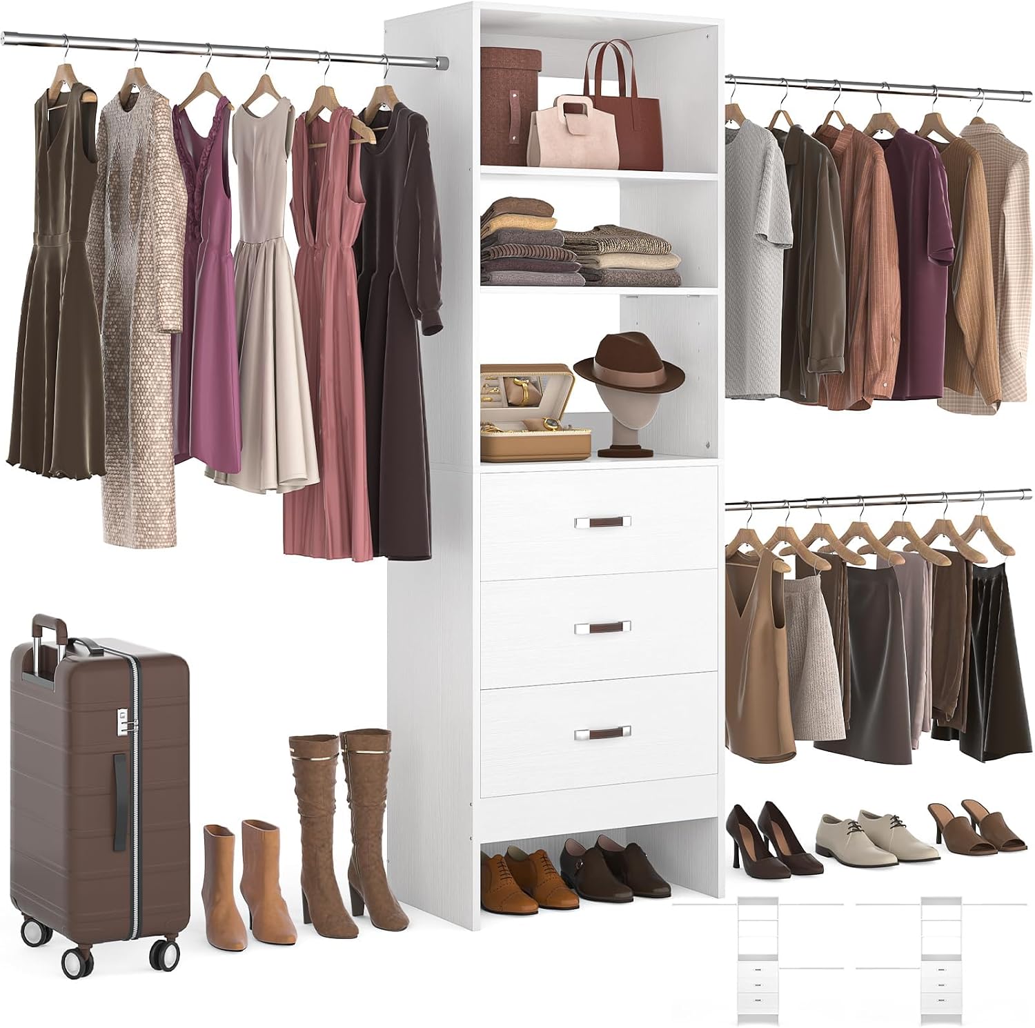 Homieasy 96 Inches Closet Organizer System, 8FT Customizable Walk In Closet Organizer with Hanging Rods, 3 Drawers Garment Rack with Leather Handle , 96' L x 16' W x 75' H, Max Load 1000 LBS, White