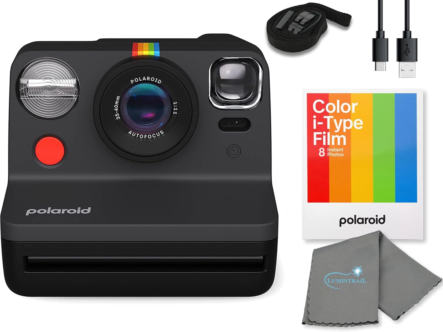 Polaroid Gen 2 Now I-Type Instant Film Camera - Black Bundle with a Color i-Type Film Pack (8 Instant Photos) and a Cleaning Cloth