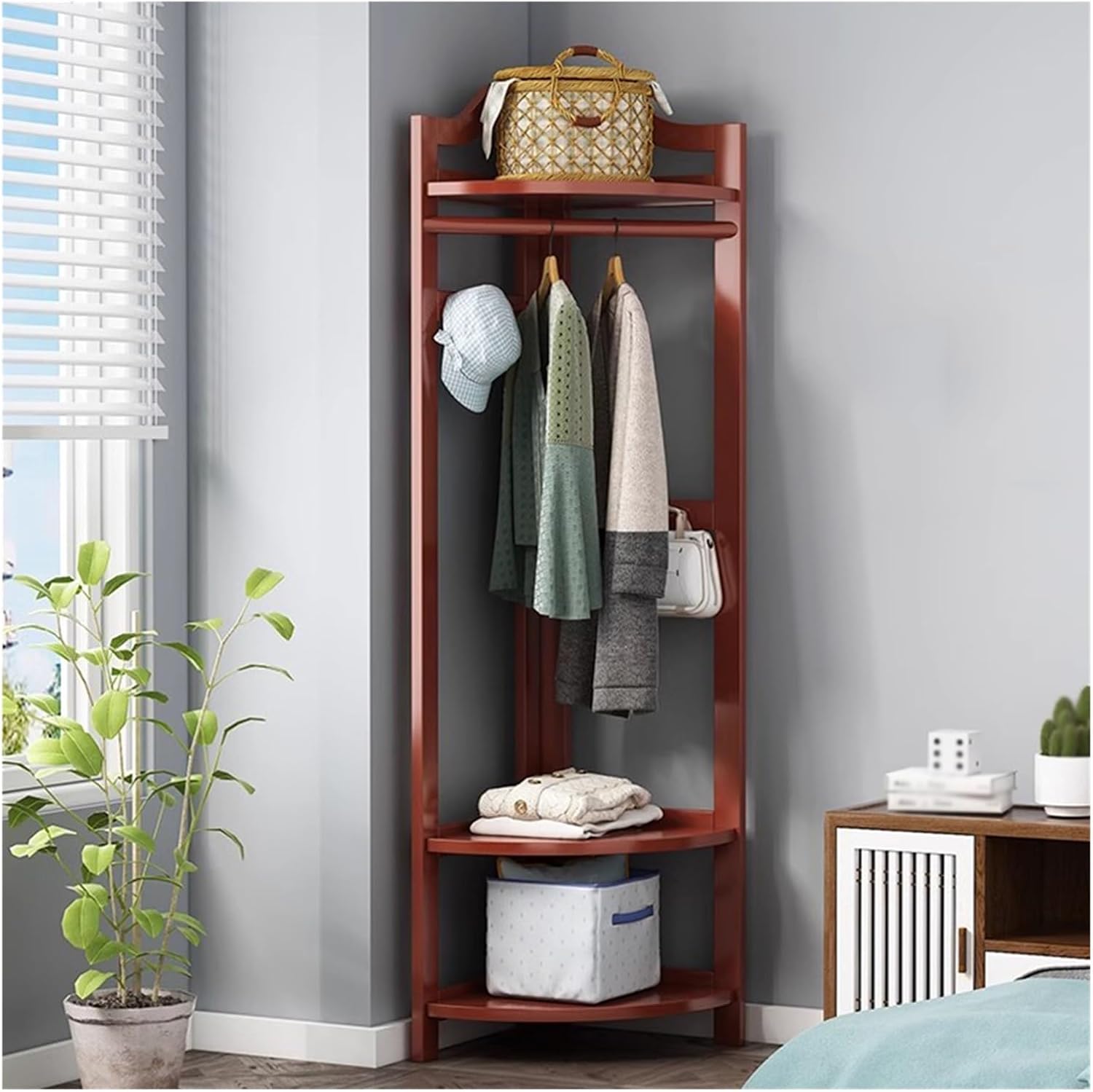 Bamboo Corner Coat Rack Stand - Free Standing Clothing Organizer with 2 Shelves, Stylish Hall Tree with Hooks for Entryway & Home Décor, Space-Saving Design