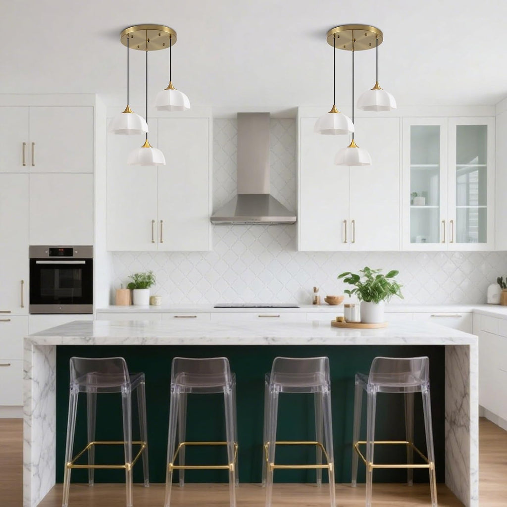 3 Lihgt Minimalist Style Ceiling Hanging Lamp 7.8' White Dome Glass Lampshade Brass Finish Ceiling Light Nordic Retro Pendant Light for Kitchen Island Bedroom Bedside