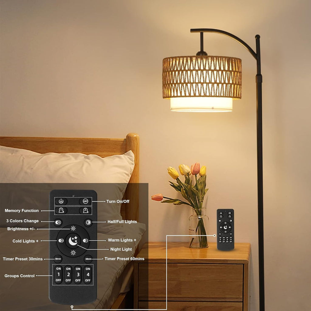 Arc Floor Lamp for Living Room with 3 Color Temperatures, Floor Lamps with Remote Dimmable Bulb, Boho Standing Lamp with Rattan Fabric Shades, Adjustable Tall Lamp for Bedroom, Office