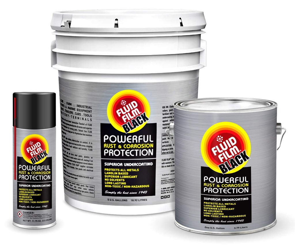 Fluid Film Black Non-Aerosol, Long Lasting Corrosion, Penetrant & Lubricant, Anti-Rust Coating, Protects All Metals in Marine and Undercoating in Automotive & Snow-Handling Vehicles, 5 Gallons