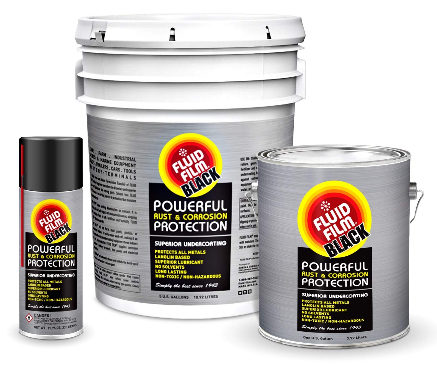 Fluid Film Black Non-Aerosol, Long Lasting Corrosion, Penetrant & Lubricant, Anti-Rust Coating, Protects All Metals in Marine and Undercoating in Automotive & Snow-Handling Vehicles, 5 Gallons