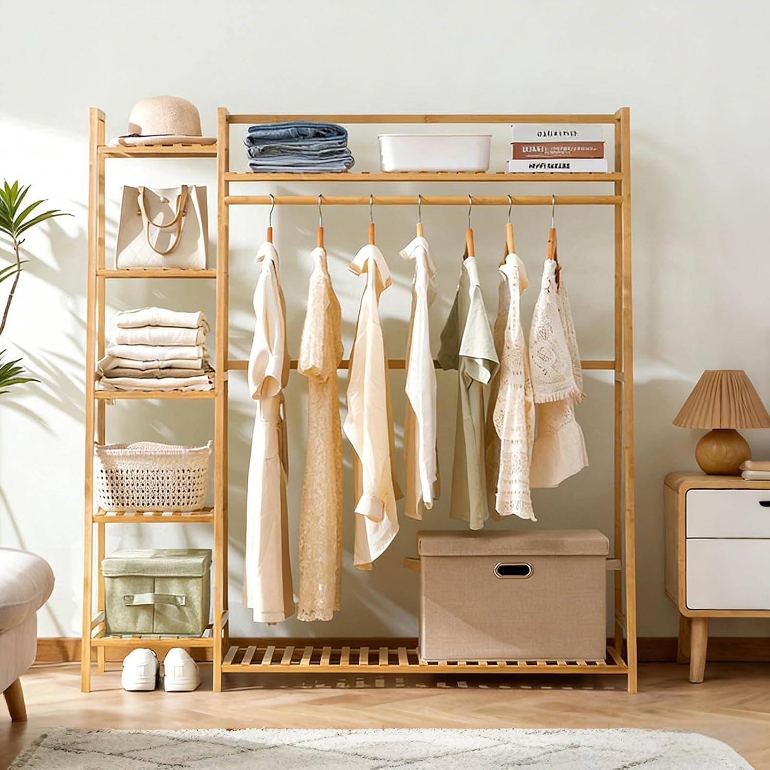 Clothing Garment Rack, Free Standing Clothes Coat Hanger, Closet Organizer w,Shoe Rack, Multi tiered Wardrobe Storage Shelves, Clothes Hanging Racks for Hall, Living Room, Bedroom, Entryway