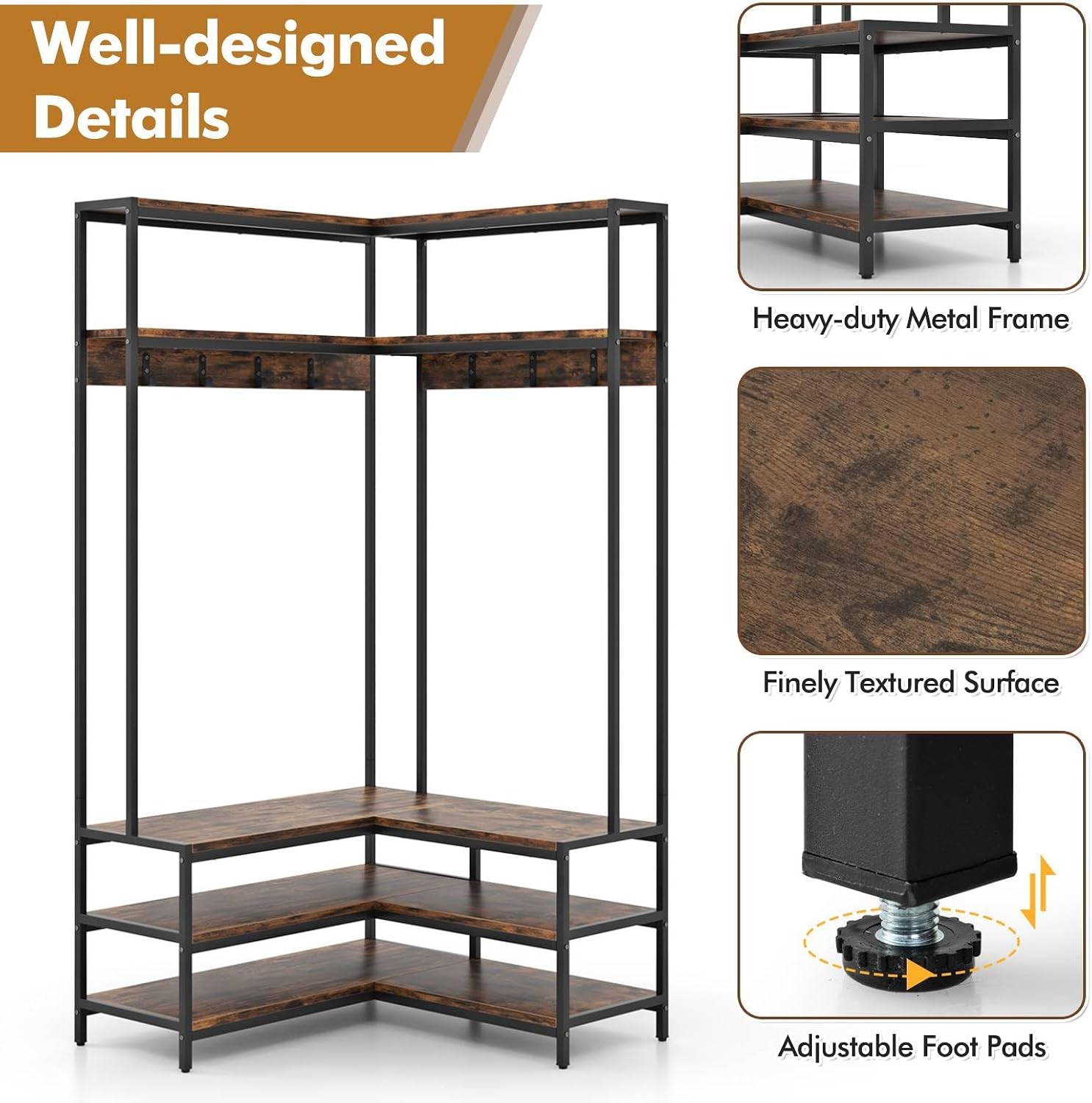 Multigot L-shaped Clothes Rack, Freestanding Corner Garment Rack Hall Tree with Shoe Storage Bench, Shelves and 7 Hooks, Metal Frame Coat Rack Stand Closet Storage Organizer (Rustic Brown+Black)