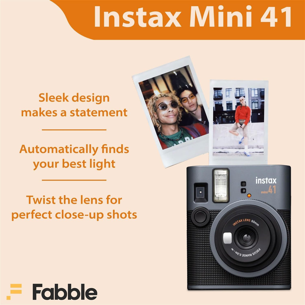 Fujifilm Instax Mini 41 Instant Film Camera Bundle with Groovy Case for Fuji Instax Mini 41, Twin Pack Film (40 Sheets) and Cleaning Cloth – Black (5 Items)