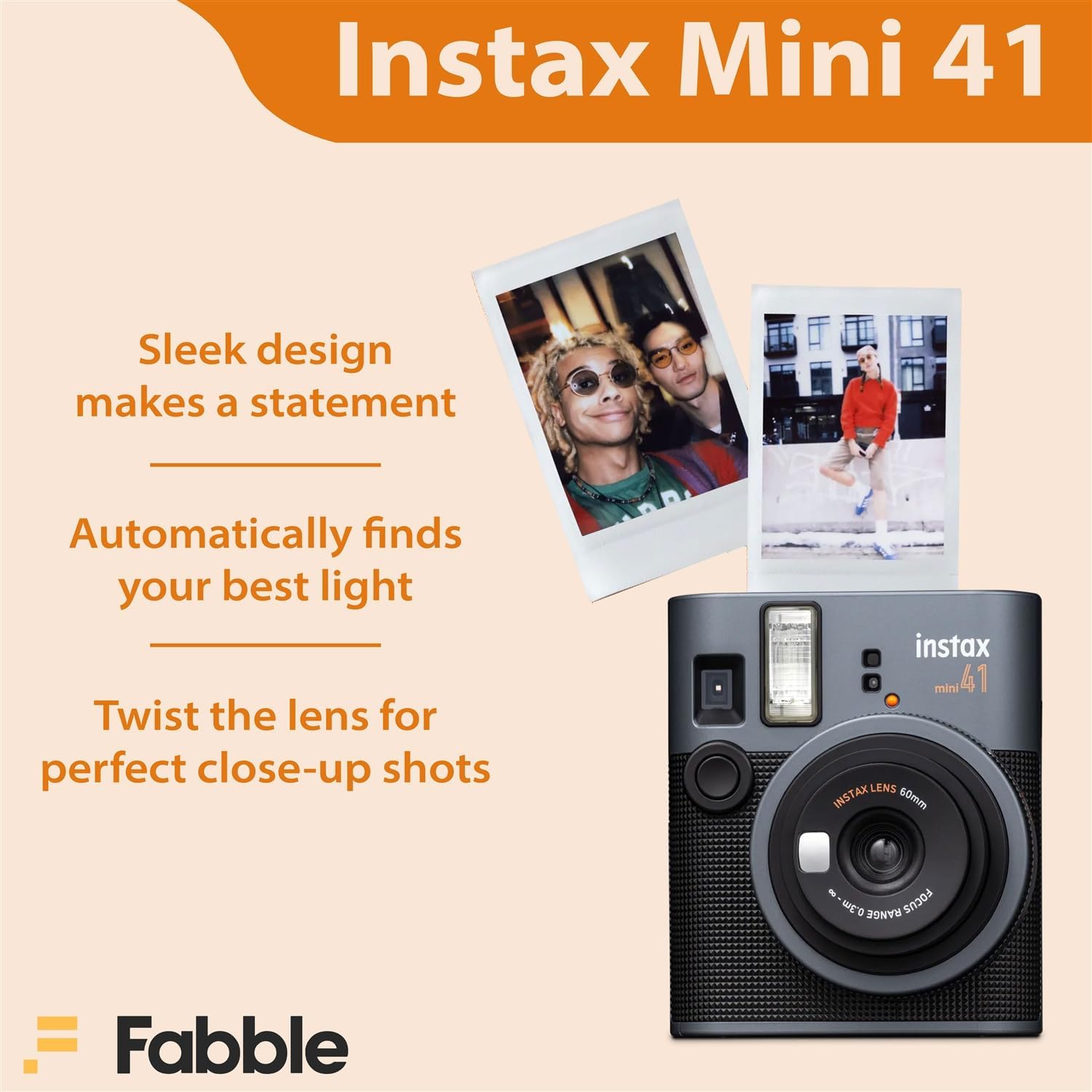 Fujifilm Instax Mini 41 Instant Film Camera Bundle with Groovy Case for Fuji Instax Mini 41, Twin Pack Film (40 Sheets) and Cleaning Cloth – Black (5 Items)