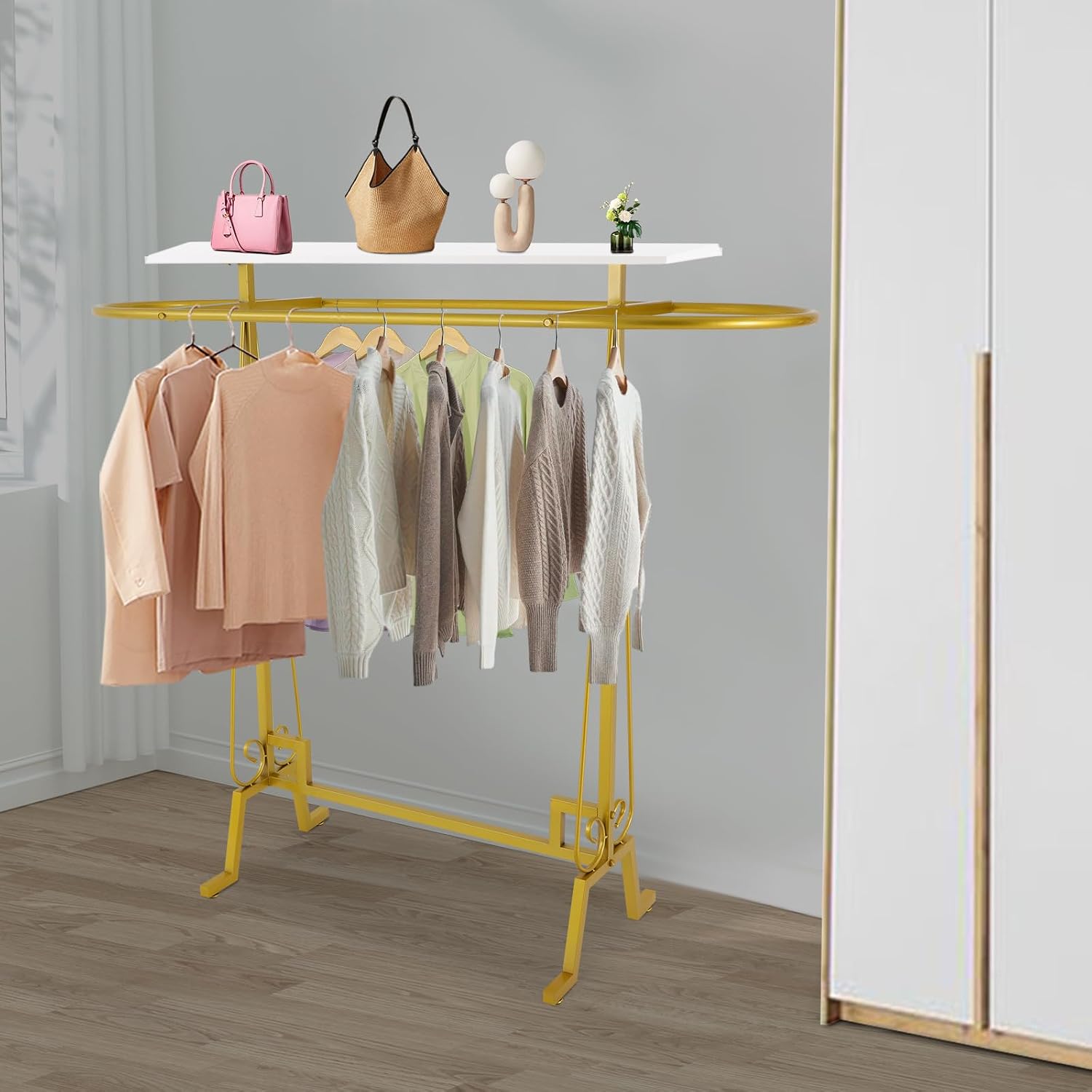 Round Clothing Hanging Rack, Oval Iron Garment Display Retail Rack with Top Storage Shelf, Retail Display Stand for Hanging And Displaying Various Clothes,Scarves(Gold)