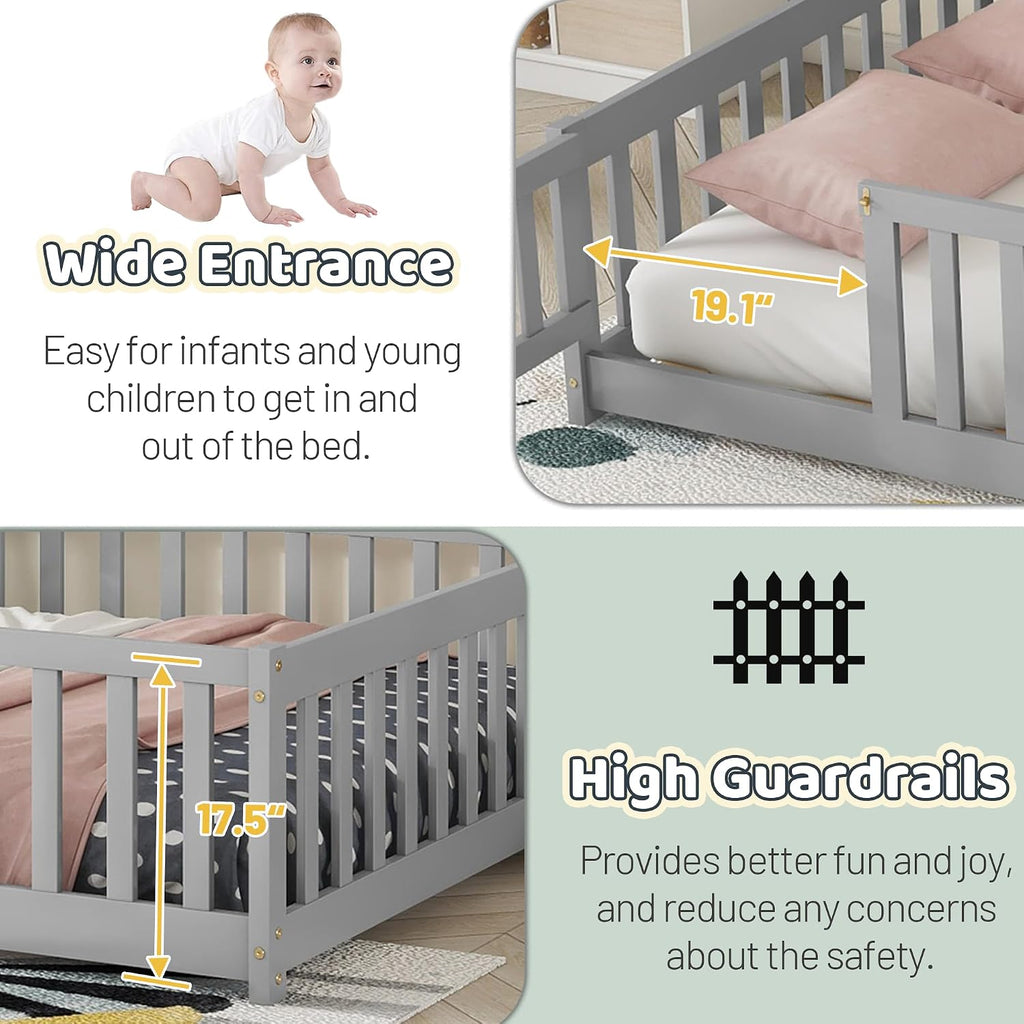 Full Floor Bed with Safety Guardrails for Kids, Rubber Wood Montessori Bed with Slats and Convertible Door,Full Size Bed Frame for Girls and Boys,No Box Spring Needed,Grey