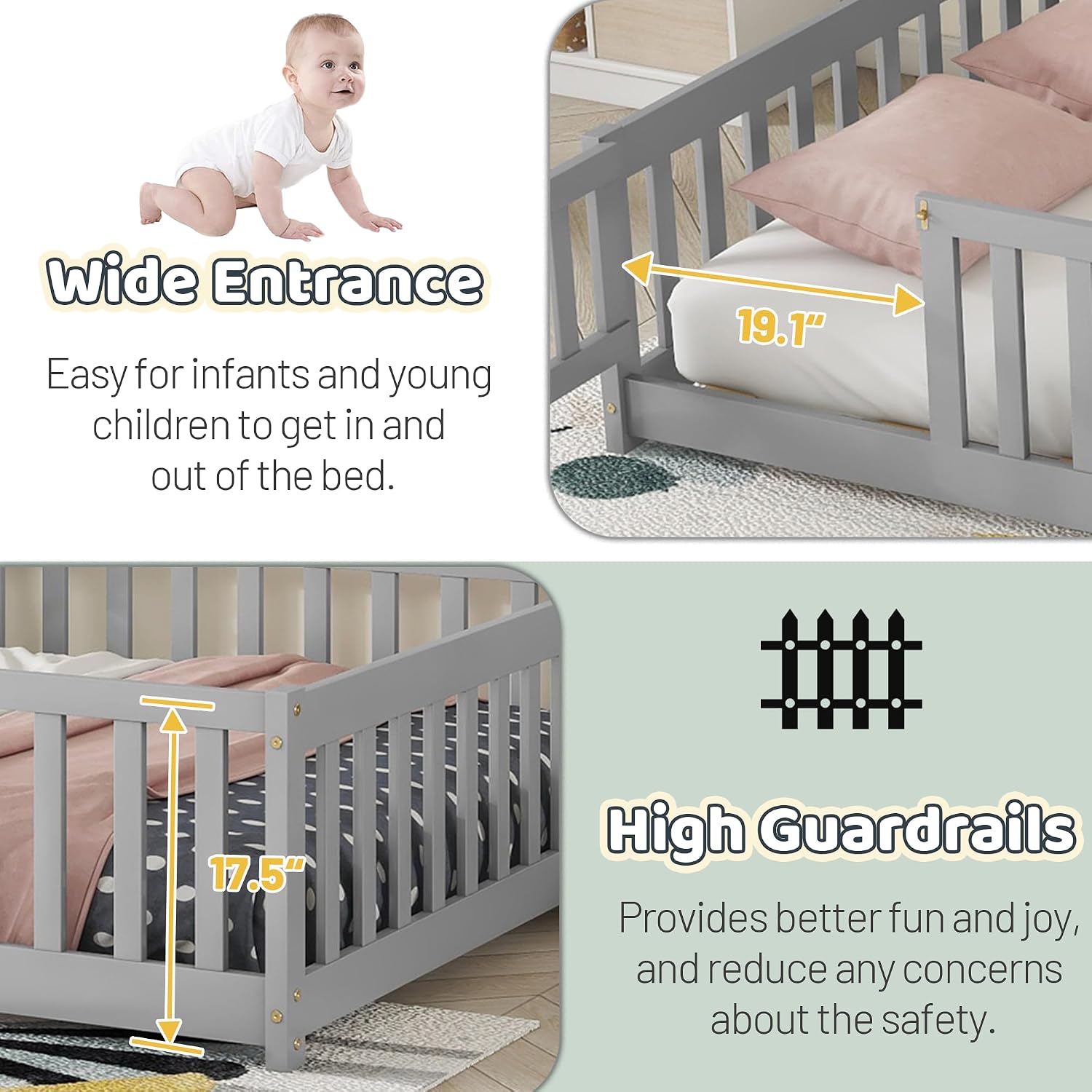 Full Floor Bed with Safety Guardrails for Kids, Rubber Wood Montessori Bed with Slats and Convertible Door,Full Size Bed Frame for Girls and Boys,No Box Spring Needed,Grey