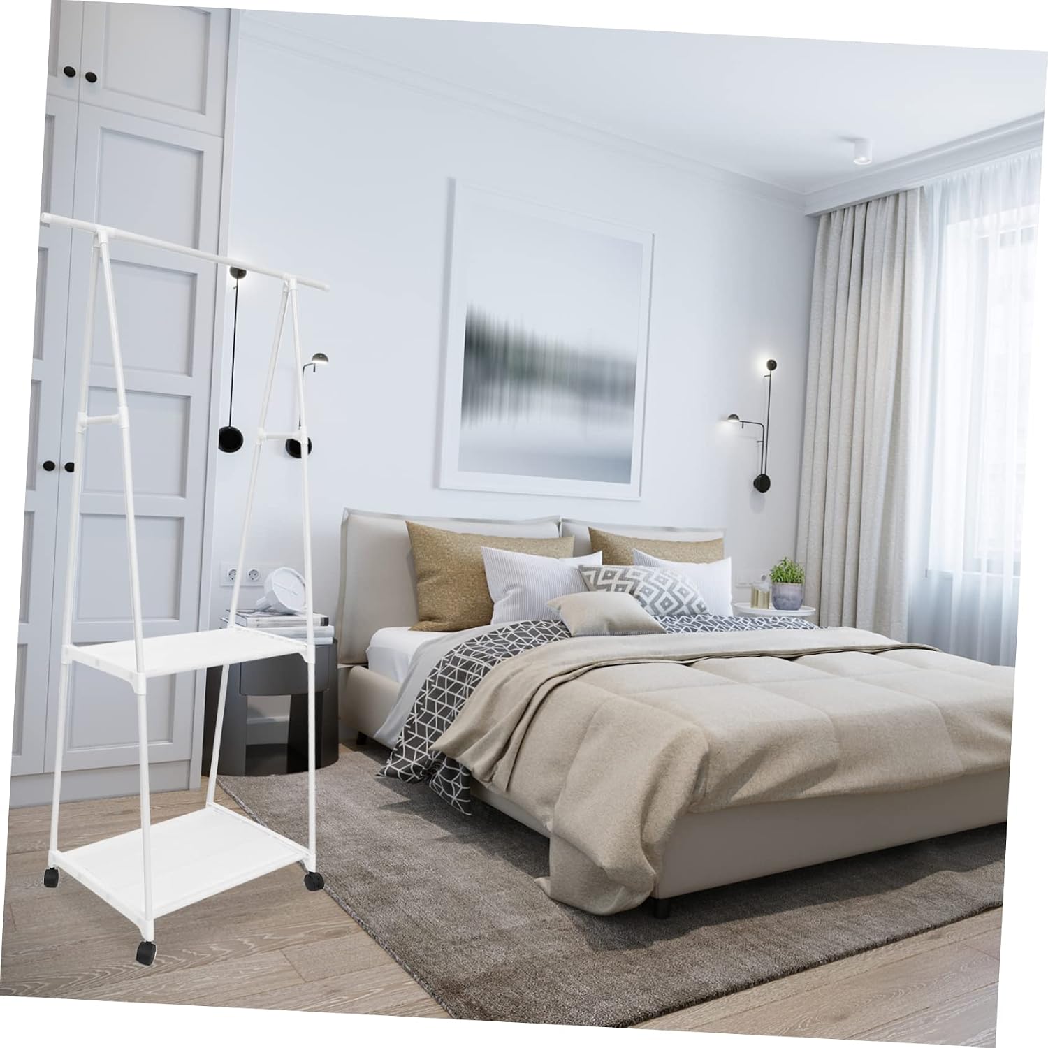 ULTECHNOVO Freestanding Iron Clothes Rack Wheels Adjustable Bedroom Garment Organizer Sturdy Storage Holder for Coats and Hats Portable Clothing Stand for Easy Assembly