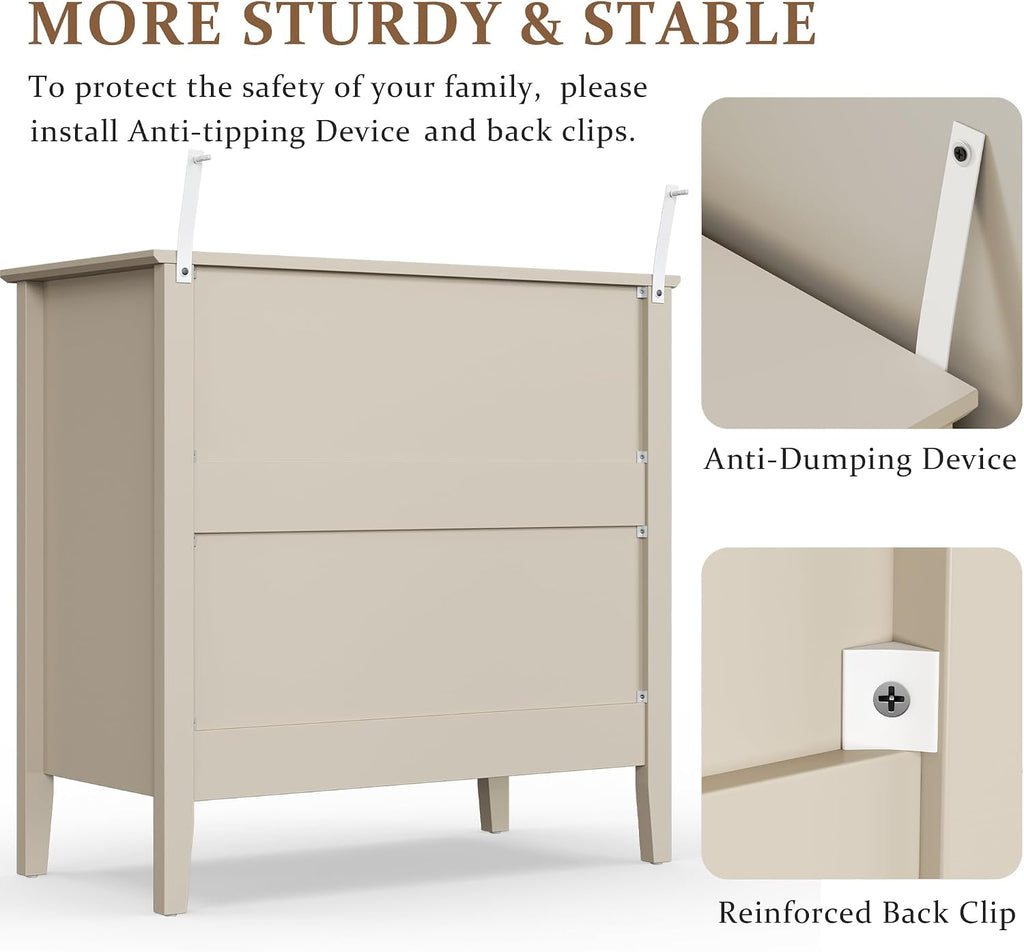 RoyalCraft 32' Large Nightstand Set of 2, Fluted Painted Bedside Table with 3 Spacious Drawers, Modern Tall End Table for Bedroom, Beige