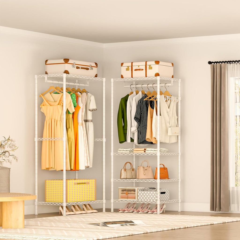 Heavy Duty Garment Rack, Portable Expandable Freestanding 4 Tiers Adjustable Wire Shelves Clothes Rack with 2 Retractable Poles, 70.9-86.6' L x 15.7' W x 76.8' H, Max Load 900LBS, White