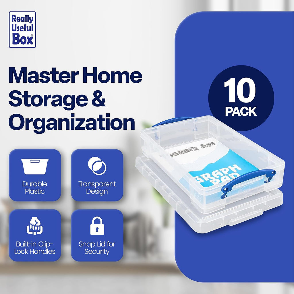 Really Useful Box 4 Liter Plastic Storage File Box Container with Snap Lid and Clip Lock Handles for Office Organization and Storage, Clear (10 Pack)