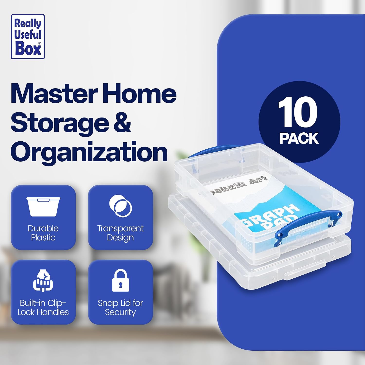 Really Useful Box 4 Liter Plastic Storage File Box Container with Snap Lid and Clip Lock Handles for Office Organization and Storage, Clear (10 Pack)