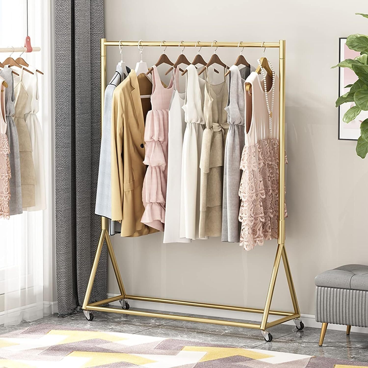 Heavy-Duty Multifunctional Clothing Rack with Wheels & Shelves, Gold Metal Garment Rack for Hanging Clothes, Large Capacity, 100x40x155CM, Perfect for Home & Retail Use