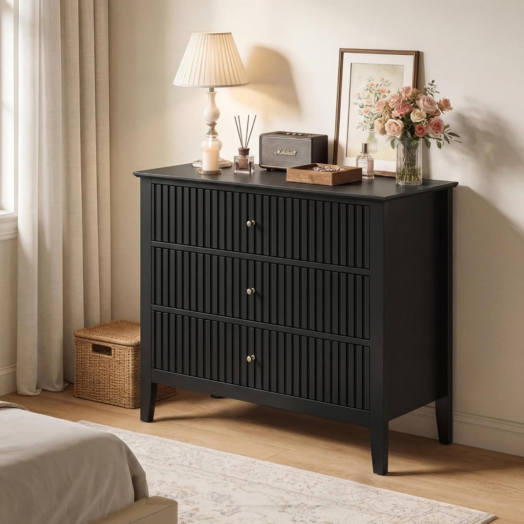 RoyalCraft 32' Large Nightstand Set of 2, Fluted Painted Bedside Table with 3 Spacious Drawers, Modern Tall End Table for Bedroom, Black