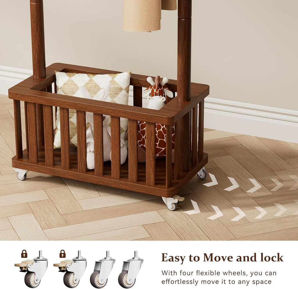 Taitiy Clothes Rack Solid Wood Coat Rack, Metal and Solid Wood Combination Clothing Rack with Wheels for Entryway, Bedroom, Living Room, Coat Racks Freestanding for Hanging Clothes Garment Scarf