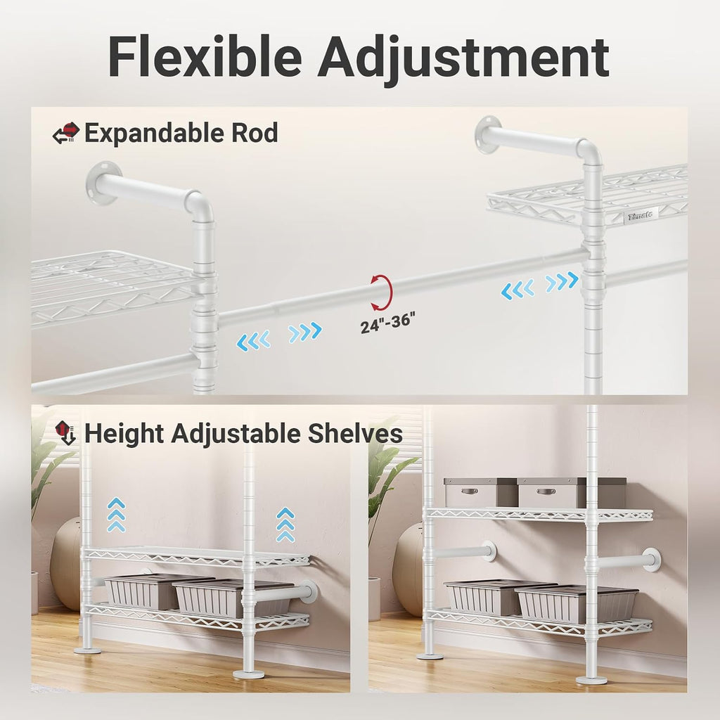 Timate L4 L Shape Garment Rack Heavy Duty Clothes Racks for Hanging Clothes, Expandable Industrial Pipe Clothing Rack Wall Mounted Closet Organizer Large Wardrobe Closet Kit Corner Closet System White