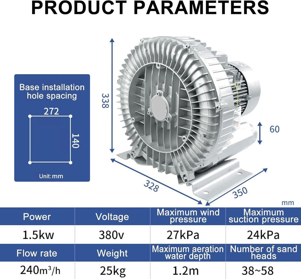 Vortex Ring Blower Industrial Regenerative Blower Strong Centrifugal Vortex Fan Large Airflow Vacuum Pump 120W-7500W for Aquaculture Pond Aeration,Single/Three Phase Vortex Ring Blower(1.5KW/380V)