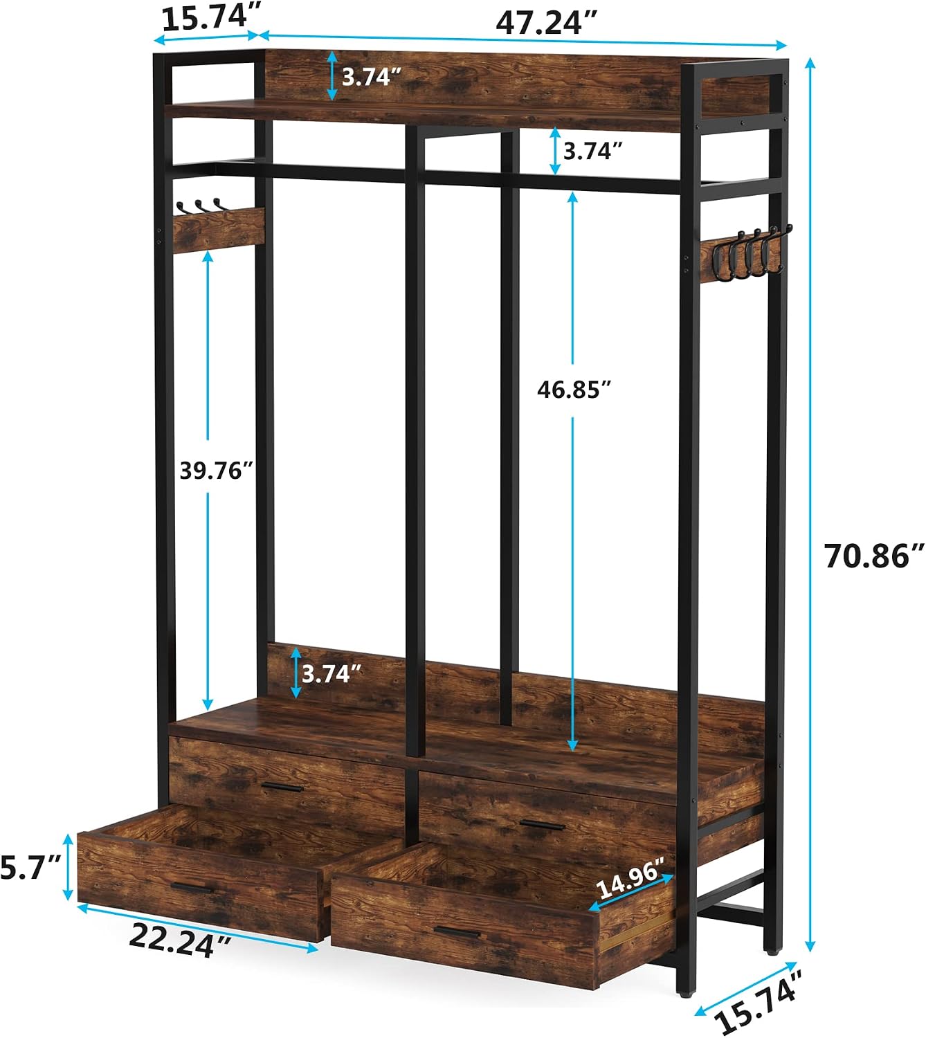 Tribesigns Freestanding Closet Organizer for Hanging Clothes, Heavy Duty Garment Rack with 4 Drawers, 8 Hooks and Storage Shelves, Wardrobe Closet Clothing Rack for Bedroom, Living Room, Rustic Brown