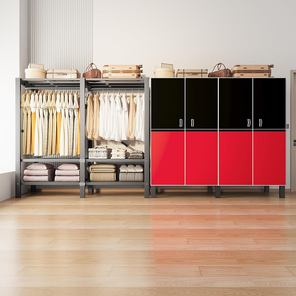 Heavy Duty Portable Closet Wardrobe, Garment Rack with Cover & Hanging Rods, Freestanding Wardrobe with Magnetic Door, Metal Closet Rack for Hanging Clothes (Door Design C, 70.9''/180cm)