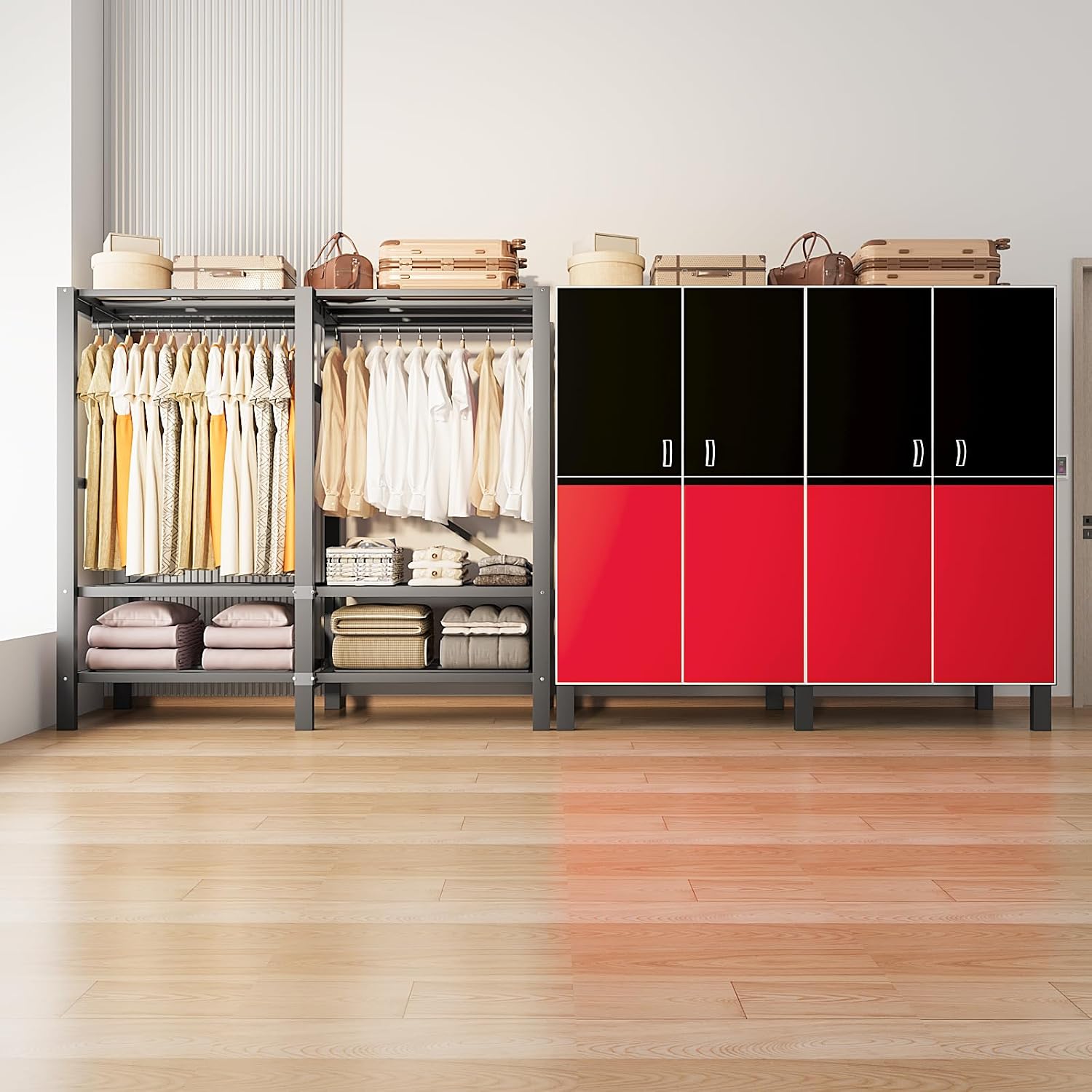 Heavy Duty Portable Closet Wardrobe, Garment Rack with Cover & Hanging Rods, Freestanding Wardrobe with Magnetic Door, Metal Closet Rack for Hanging Clothes (Door Design C, 70.9''/180cm)