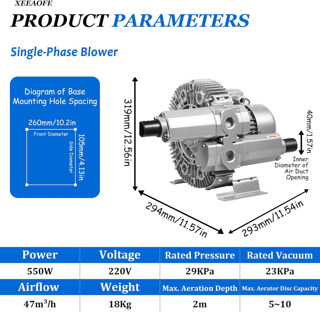 Industrial Regenerative Fan, High Pressure Vortex Ring Blower, for Swimming Pool, Jacuzzi, Spa, Fertilizer, Air Pump, Blower Pump, 550/850/1100W 220V/550W