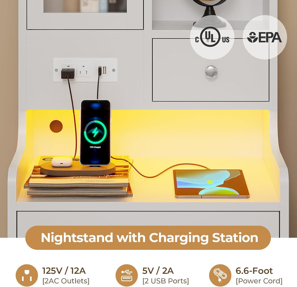 ADORNEVE White Nightstand Set of 2 with Charging Station,49.2' LED Night Stand for Bedroom,Tall Bedside Table with Bookshelf and Drawers,Side Tables Bedroom