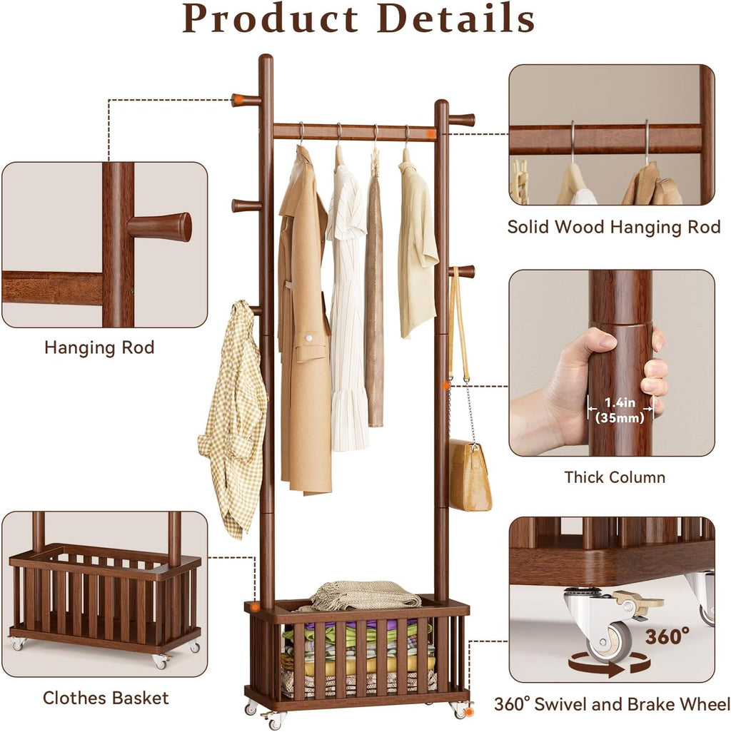 Taitiy Solid Wood Coat Rack Clothes Rack, Coat Rack Freestanding with Storage Basket and 5 Hooks, Heavy Duty Coat Tree for Entryway, Living room, Coat Hanger Stand for Hats, Bags Clothes