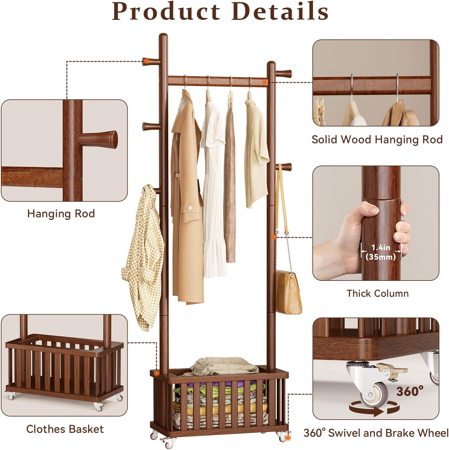 Taitiy Solid Wood Coat Rack Clothes Rack, Coat Rack Freestanding with Storage Basket and 5 Hooks, Heavy Duty Coat Tree for Entryway, Living room, Coat Hanger Stand for Hats, Bags Clothes