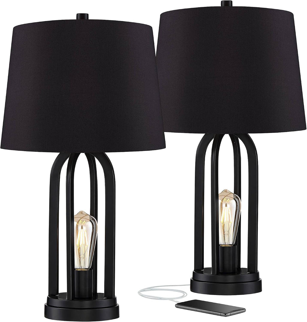 360 Lighting Marcel Industrial Modern Table Lamps 24.25' High Set of 2 with USB Charging Port and Nightlight LED Black Metal Faux Silk Drum Shade for Living Room Desk Bedroom House Bedside