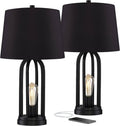 360 Lighting Marcel Industrial Modern Table Lamps 24.25' High Set of 2 with USB Charging Port and Nightlight LED Black Metal Faux Silk Drum Shade for Living Room Desk Bedroom House Bedside