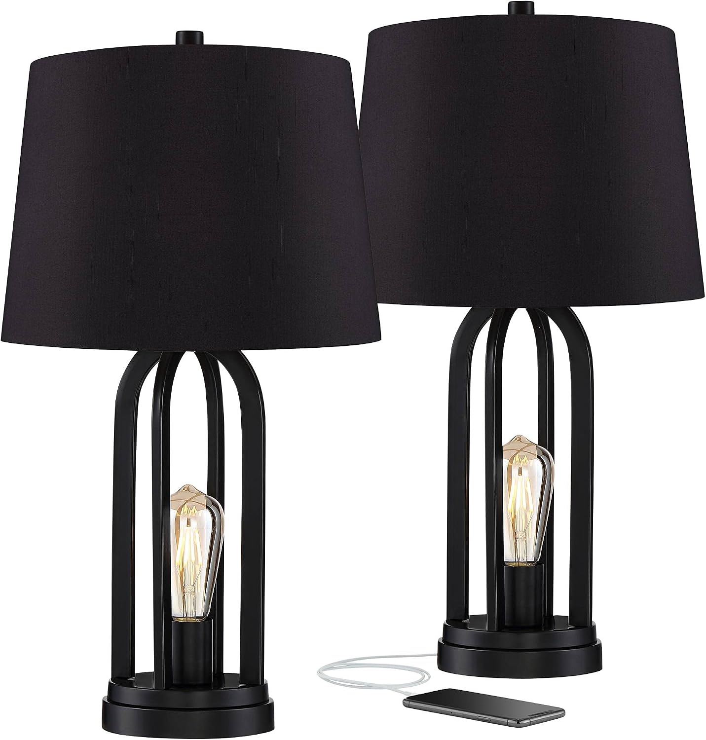 360 Lighting Marcel Industrial Modern Table Lamps 24.25' High Set of 2 with USB Charging Port and Nightlight LED Black Metal Faux Silk Drum Shade for Living Room Desk Bedroom House Bedside