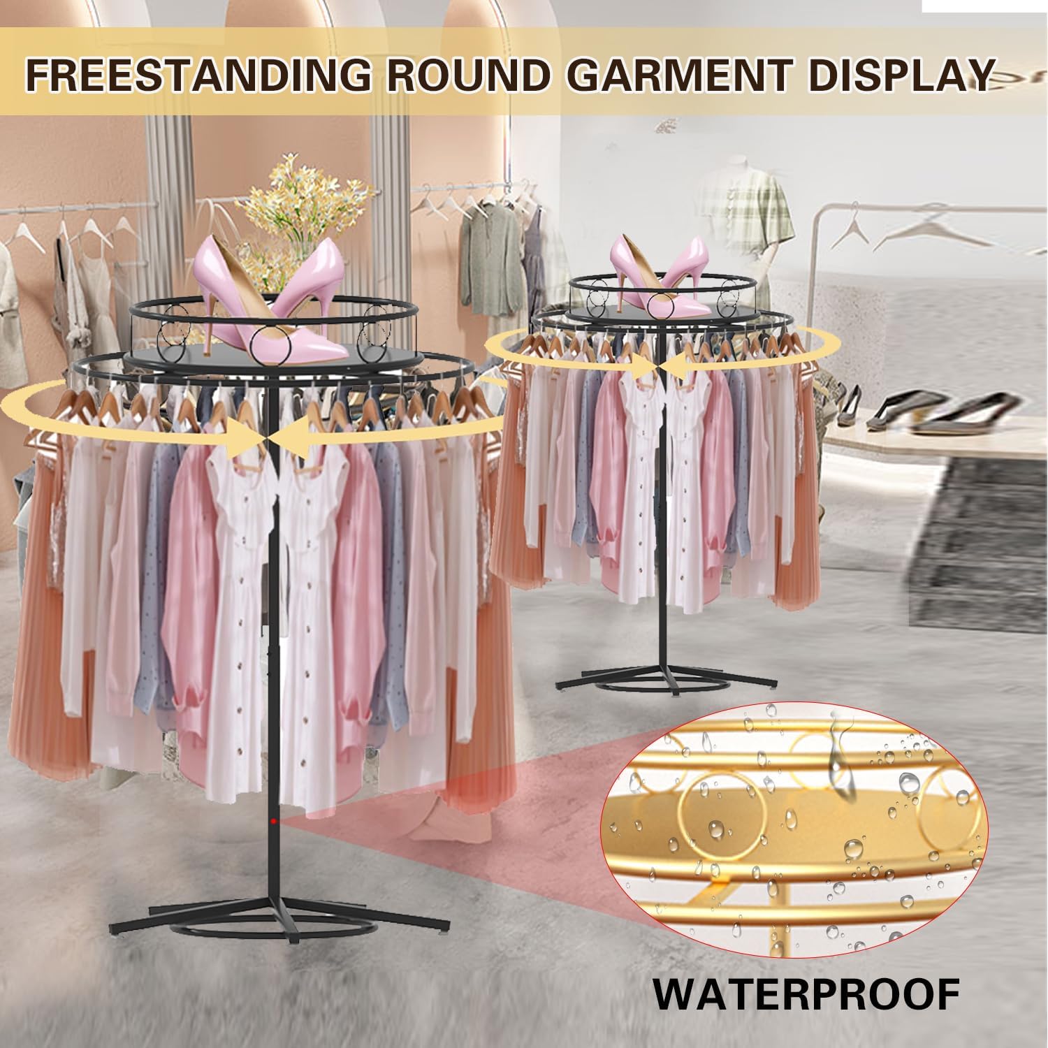 Floor-Standing Rotatable Clothing Rack, Multi-Functional Commercial Round Garment Racks for Hanging Clothes, Clothing Organize Rack for Commercial Retail,Gold,Width27.6in