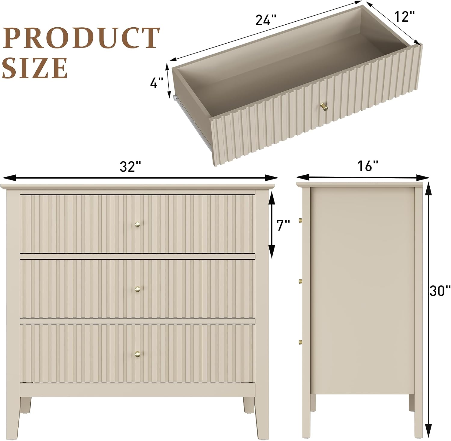 RoyalCraft 32' Large Nightstand Set of 2, Fluted Painted Bedside Table with 3 Spacious Drawers, Modern Tall End Table for Bedroom, Beige