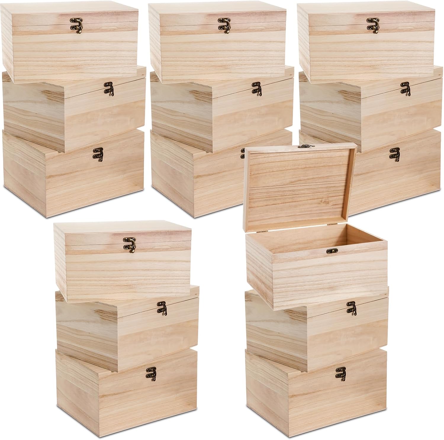 Yookeer 15 Pcs Large Unfinished Wooden Box with Hinged Lid and Front Clasp, Rectangle Unpainted Crafts DIY Wood Boxes Treasure Chest Stash Box for Art Gifts Jewelry Home Storage, 10.6x8.1x5.7 Inch