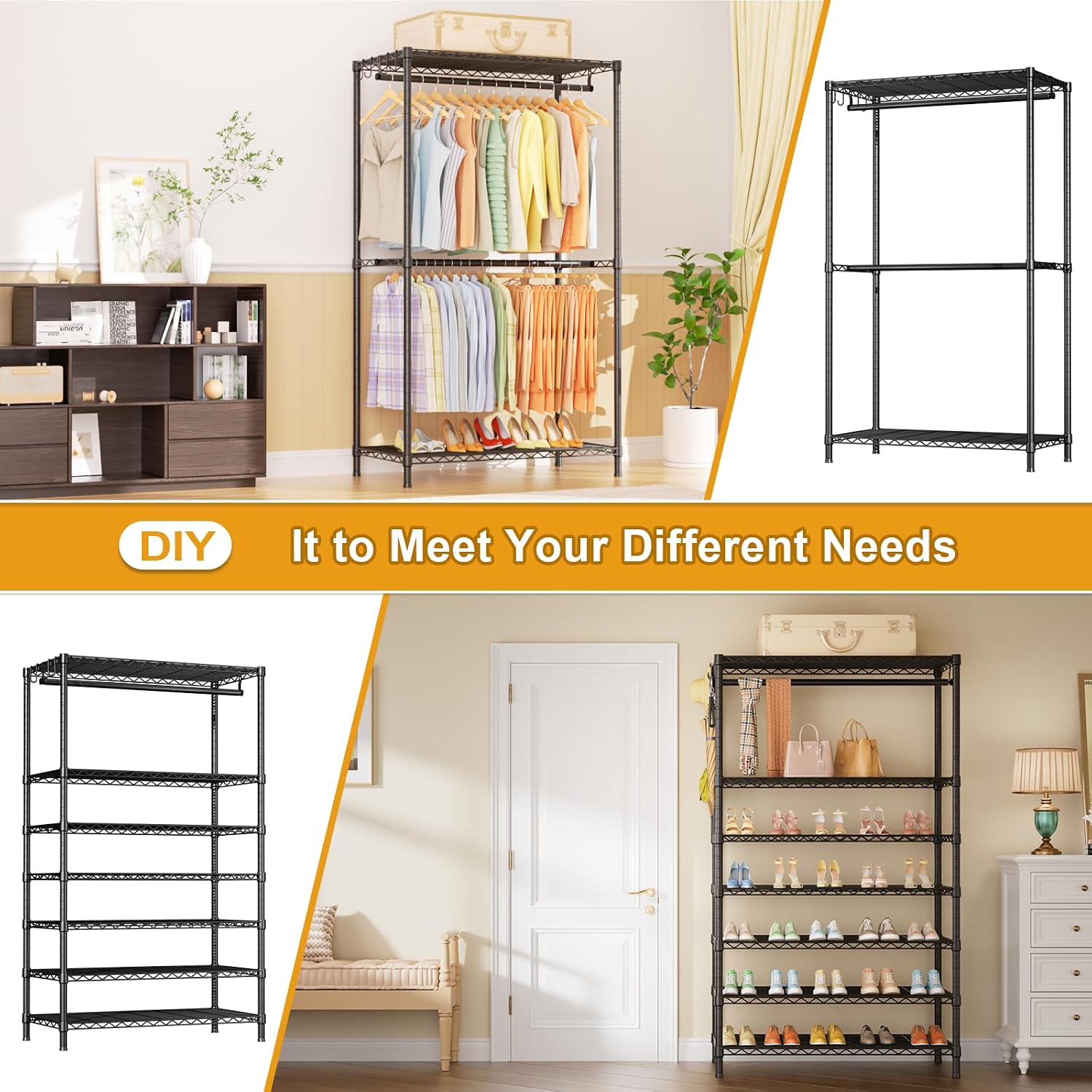 Ulif E13 Max Heavy Duty Clothes Rack（With 4 Hanger Rods & 8 Shelves） Freestanding Clothing Racks for Hanging Clothes，Adjustable Closet，Metal Garment Rack 86' W x16 D x77 H，Max Load 1100LBS，Black