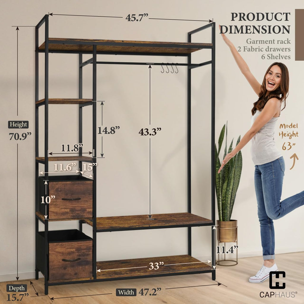 Fencer Wire Heavy Duty 979lbs Freestanding Closet Organizer w/Hanging Rods & Fabric Drawers, Garment Rack, Metal Clothes Rack w/Wood Shelves, Freestanding Closet Wardrobe, Rustic Oak Board