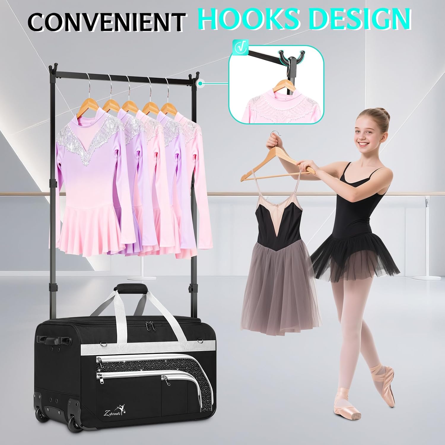 Dance Bag with Garment Rack - 28 Inch Professional Dance Competition Duffle Bag with Rack - Wheeled Dance Suitcase with Multiple Pockets for Dancers, Athlete, Travelers, and Livestreamer