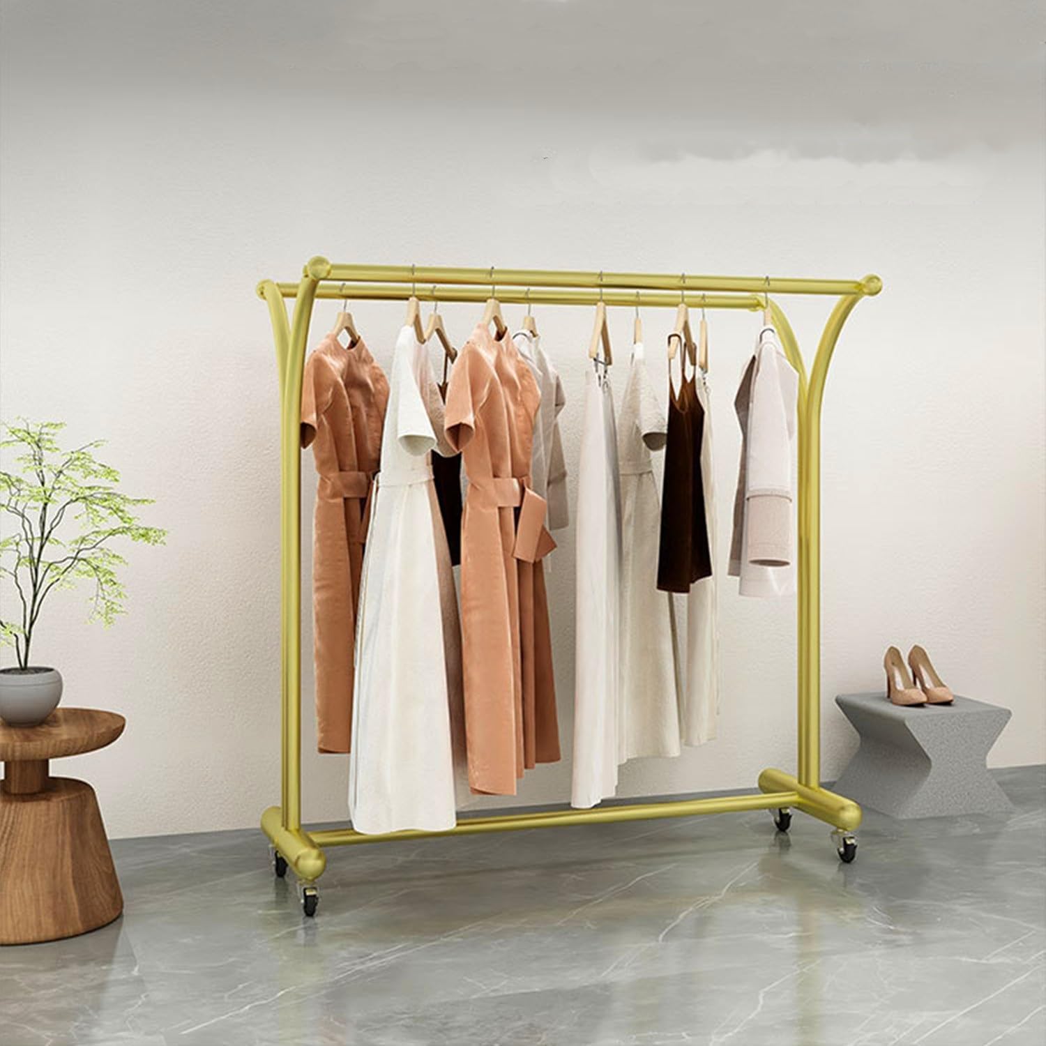 Floor Standing Metal Garment Rack for Hanging Clothes, Large Heavy Retail Display Racks w/Wheels, Commercial Clothing Rack, Merchandise Display Rack, Gold