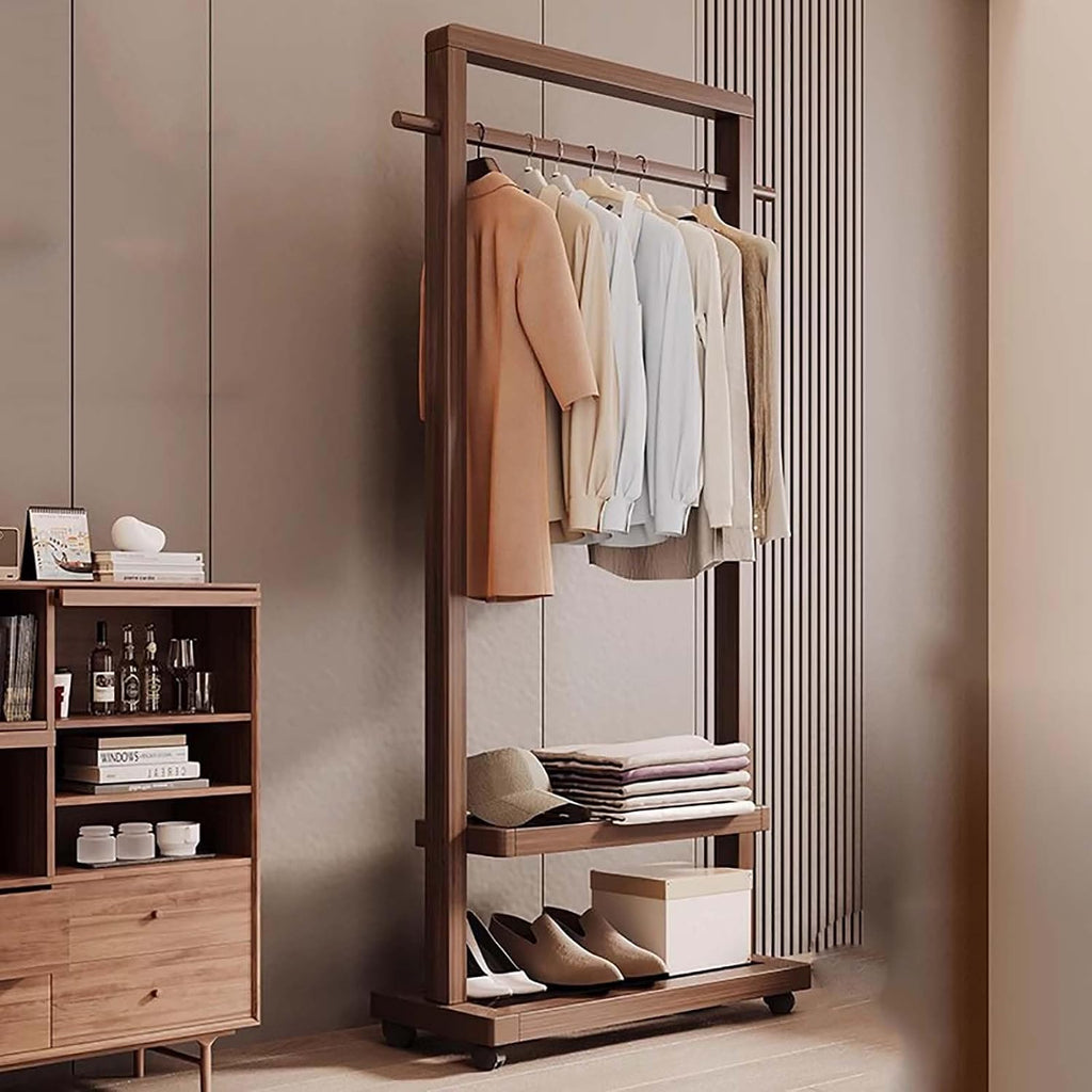 Clothes Rack, Bamboo Floor-standing Bedroom Coat Rack,Rack Heavy Duty Garment Racks For Hanging Clothes,Shoe Clothing Storage Organizer Shelves, 63 in Height(Brown with wheels,65CM/25.6IN)